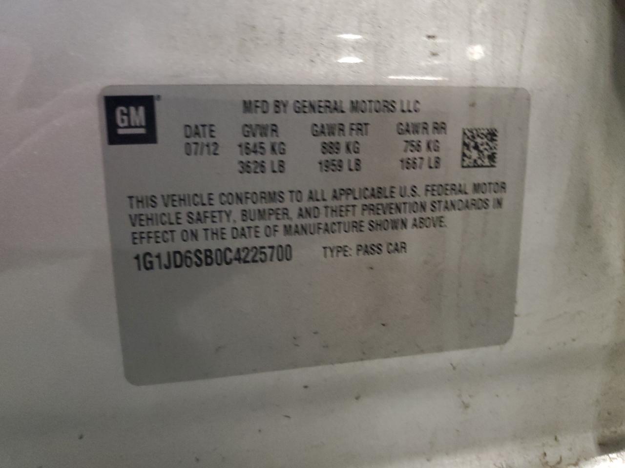 2012 Chevrolet Sonic Lt VIN: 1G1JD6SB0C4225700 Lot: 90064615