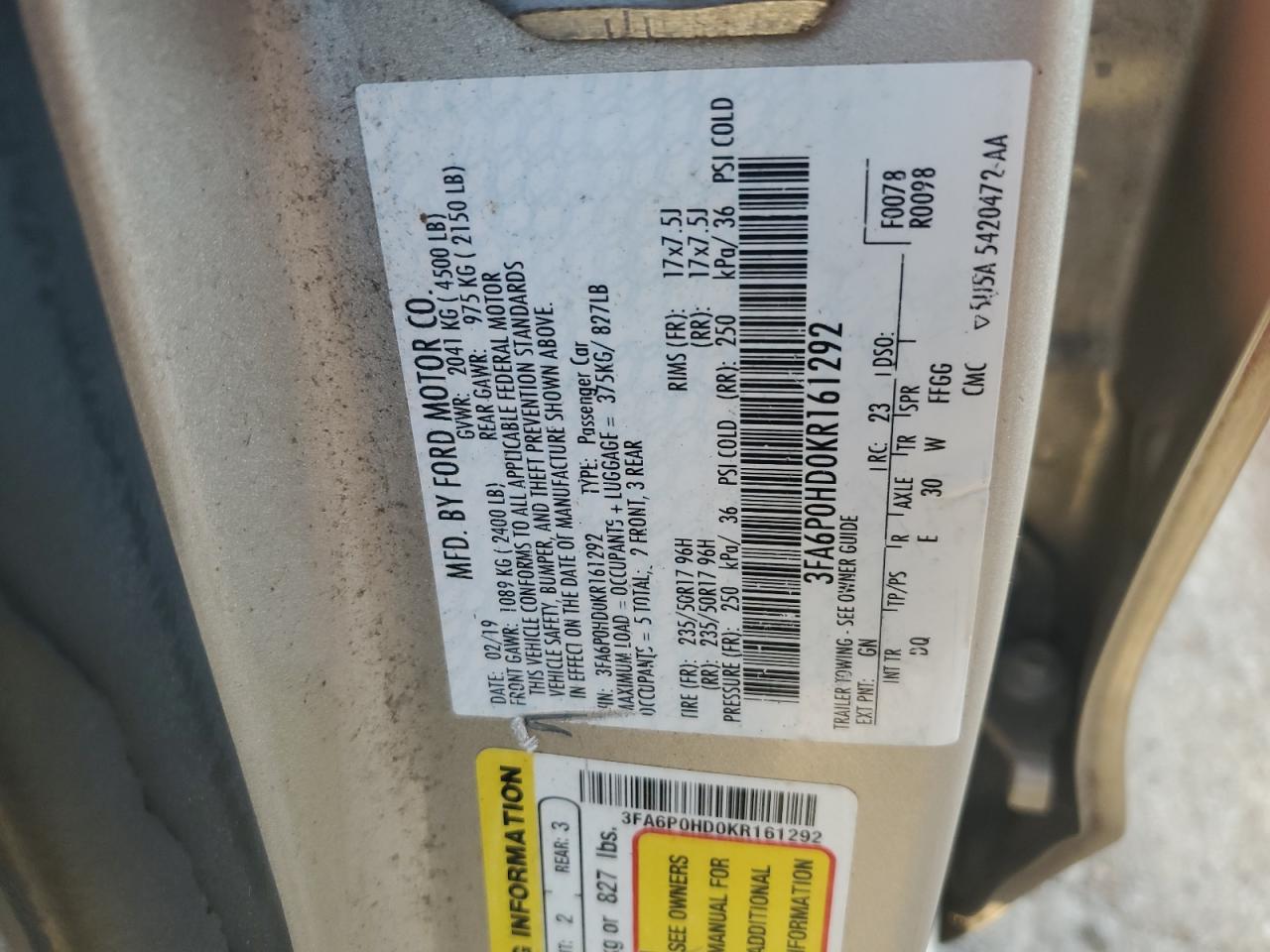 2019 Ford Fusion Se VIN: 3FA6P0HD0KR161292 Lot: 84773345