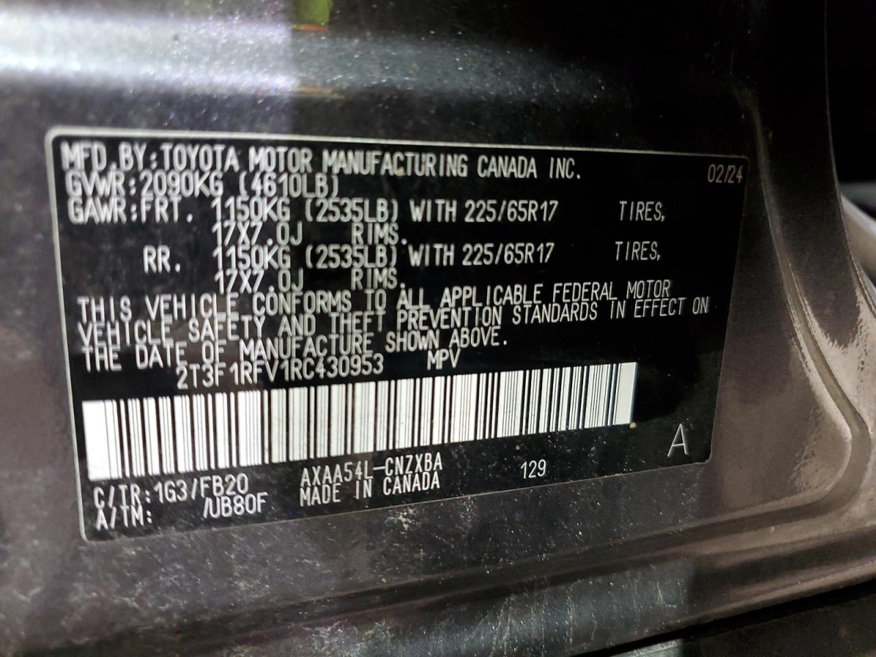 2024 Toyota Rav4 Le VIN: 2T3F1RFV1RC430953 Lot: 85252865