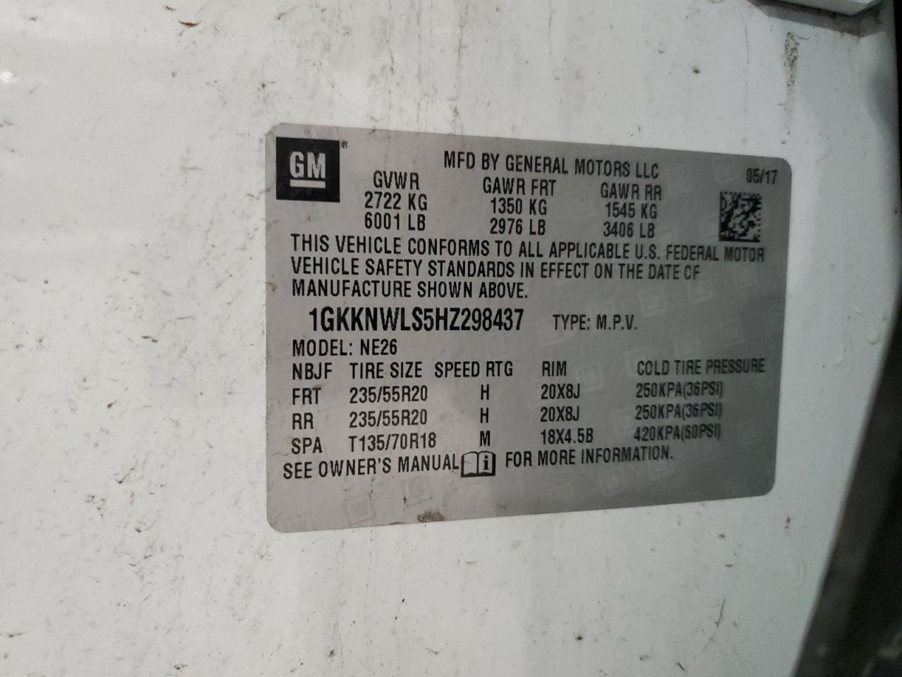 2017 GMC Acadia Slt-2 VIN: 1GKKNWLS5HZ298437 Lot: 84620635