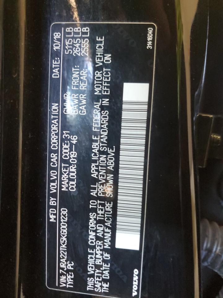 2019 Volvo S60 T6 Momentum VIN: 7JRA22TK5KG001230 Lot: 85665135