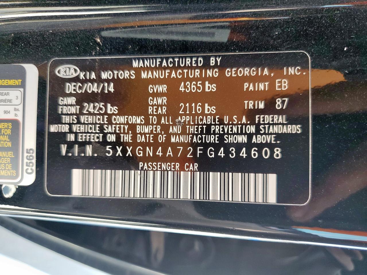 2015 Kia Optima Ex VIN: 5XXGN4A72FG434608 Lot: 84392545