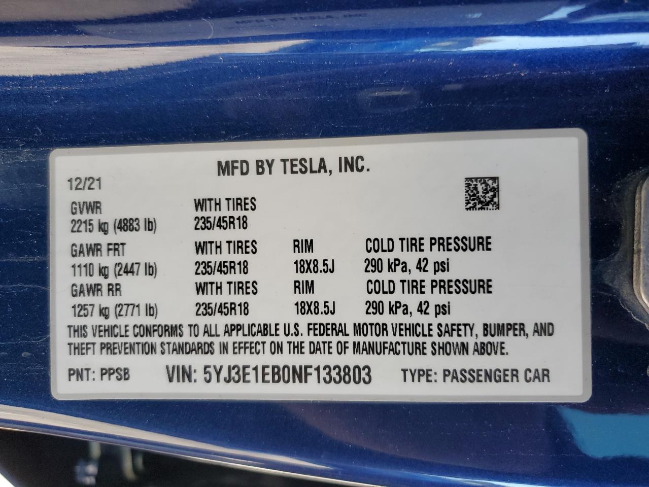 2022 Tesla Model 3 VIN: 5YJ3E1EB0NF133803 Lot: 81401345