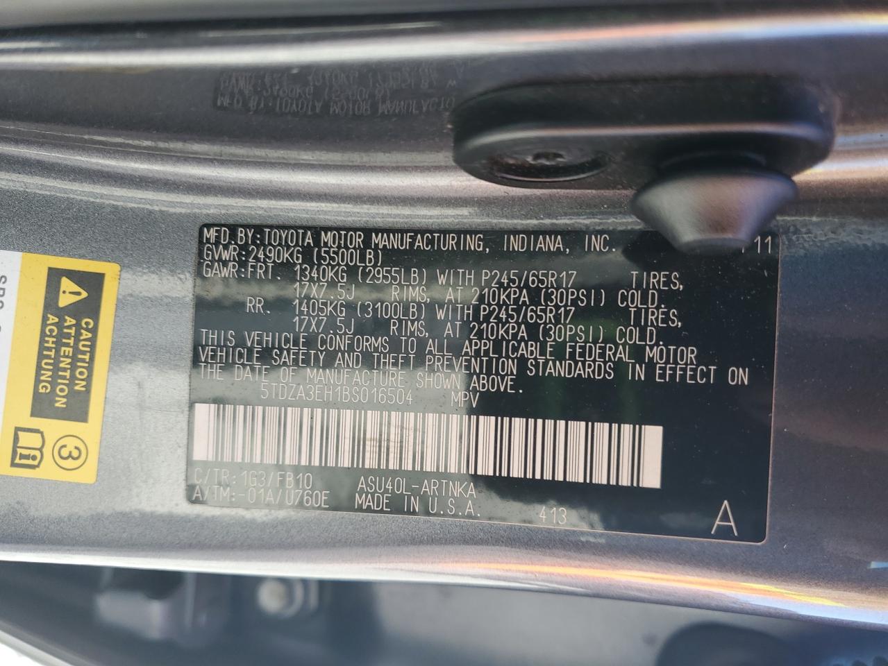 2011 Toyota Highlander Base VIN: 5TDZA3EH1BS016504 Lot: 82490405