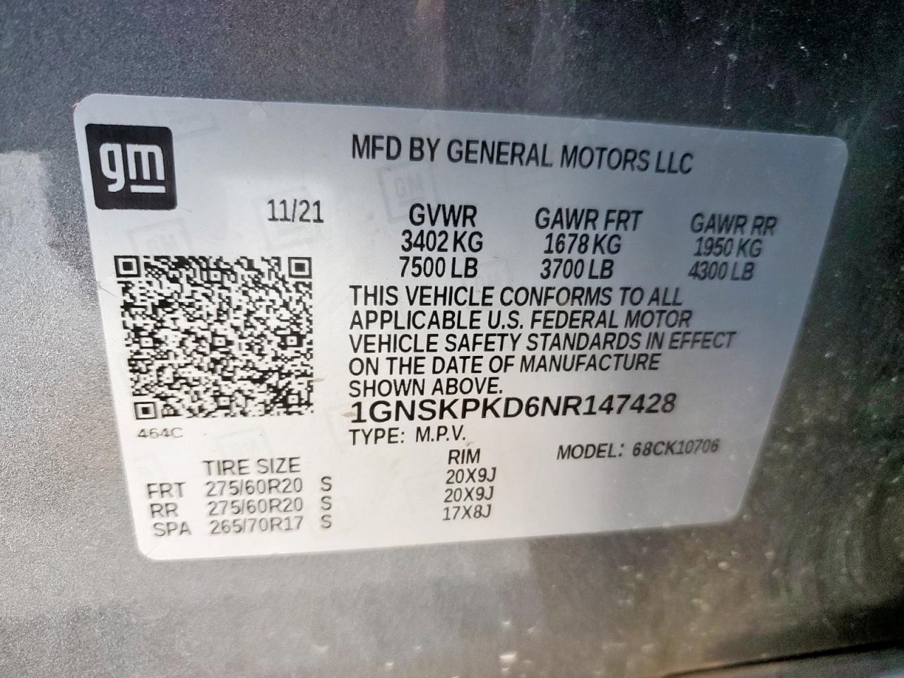 2022 Chevrolet Tahoe K1500 Z71 VIN: 1GNSKPKD6NR147428 Lot: 90617335