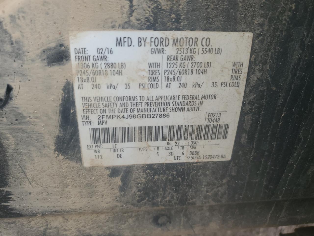 2016 Ford Edge Sel VIN: 2FMPK4J98GBB27886 Lot: 89696995