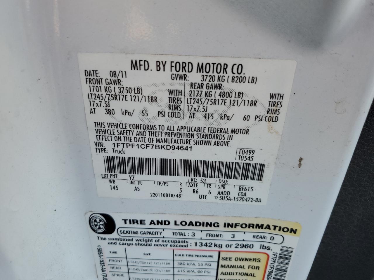 2011 Ford F150 VIN: 1FTPF1CF7BKD94641 Lot: 86117005