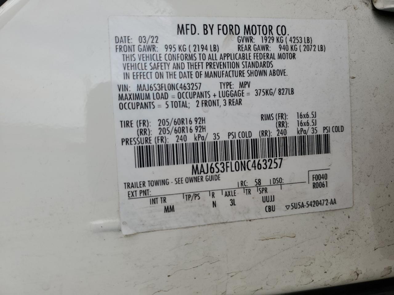 2022 Ford Ecosport S VIN: MAJ6S3FL0NC463257 Lot: 82725895