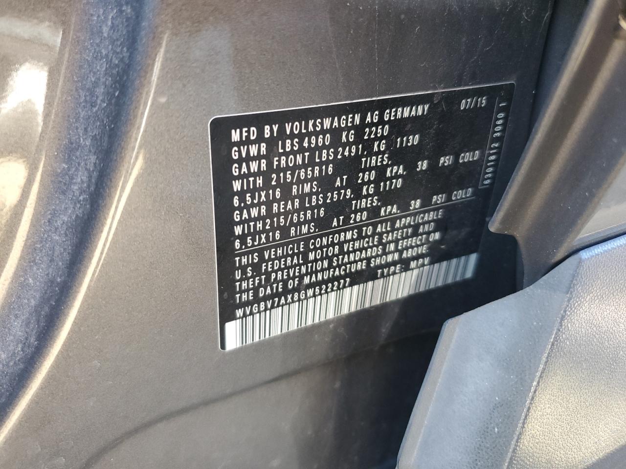 2016 Volkswagen Tiguan S VIN: WVGBV7AX8GW522277 Lot: 85494675