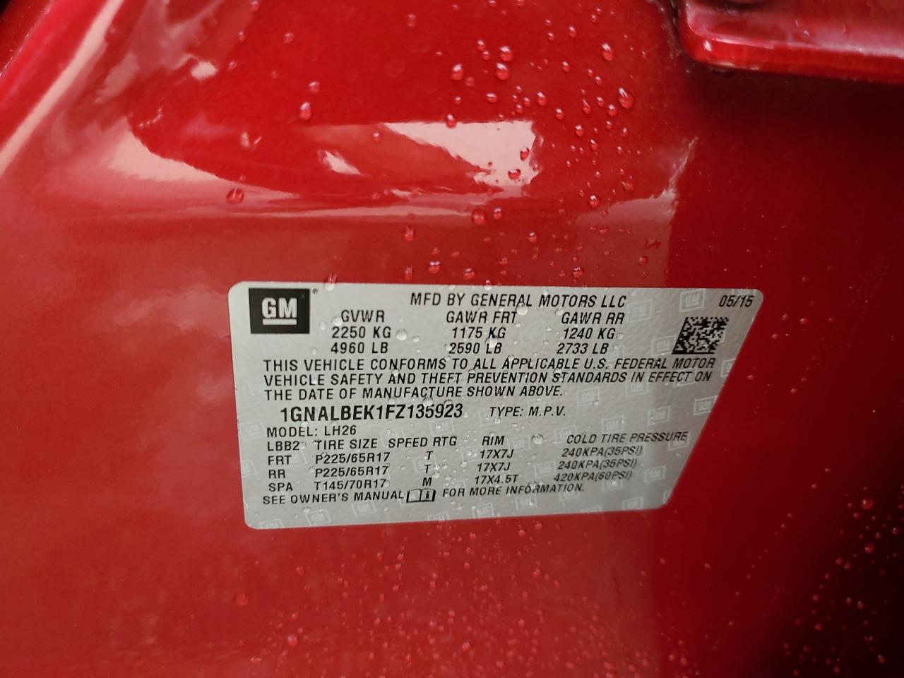 2015 Chevrolet Equinox Lt VIN: 1GNALBEK1FZ135923 Lot: 84766335