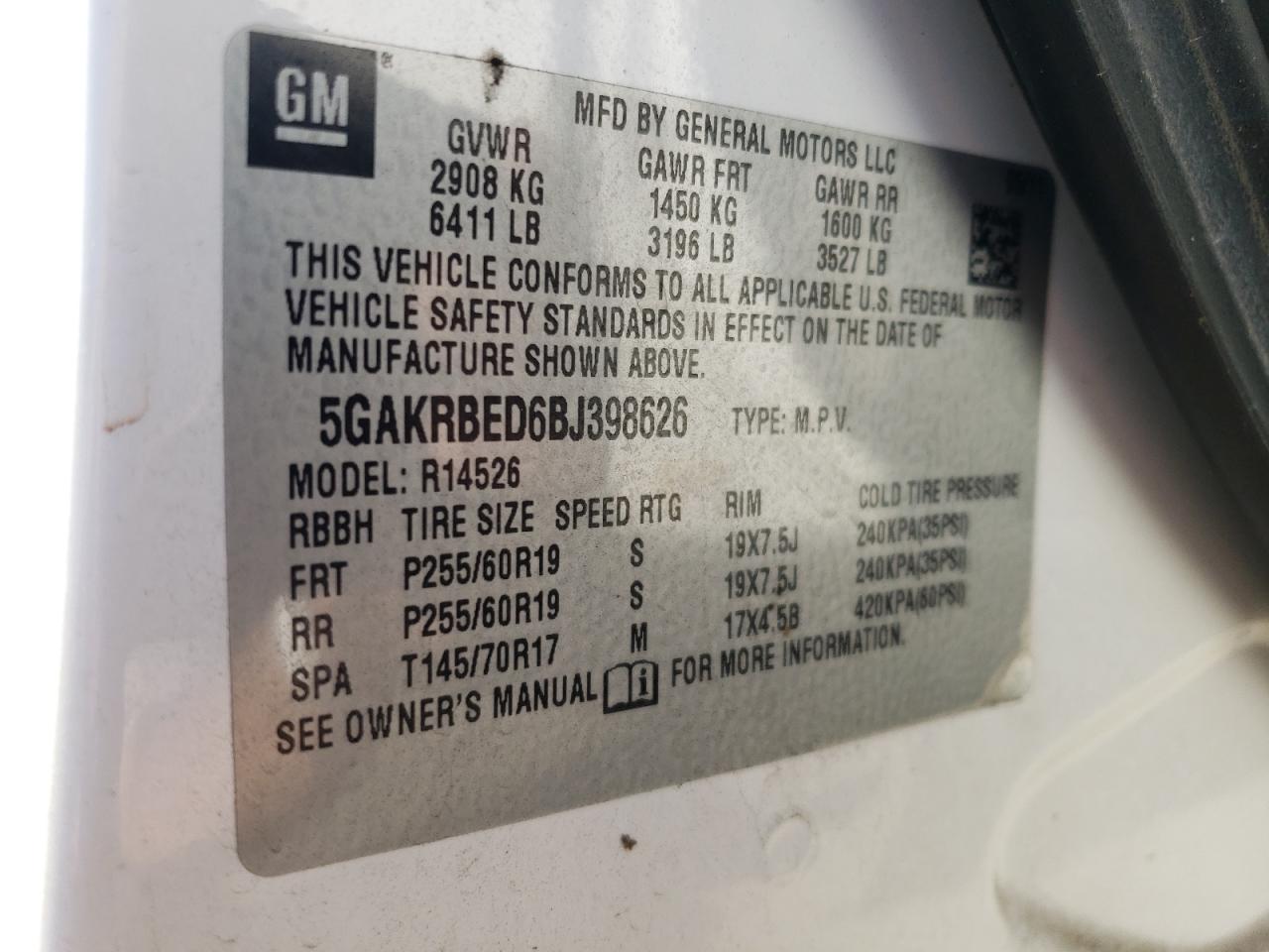 2011 Buick Enclave Cxl VIN: 5GAKRBED6BJ398626 Lot: 87297095