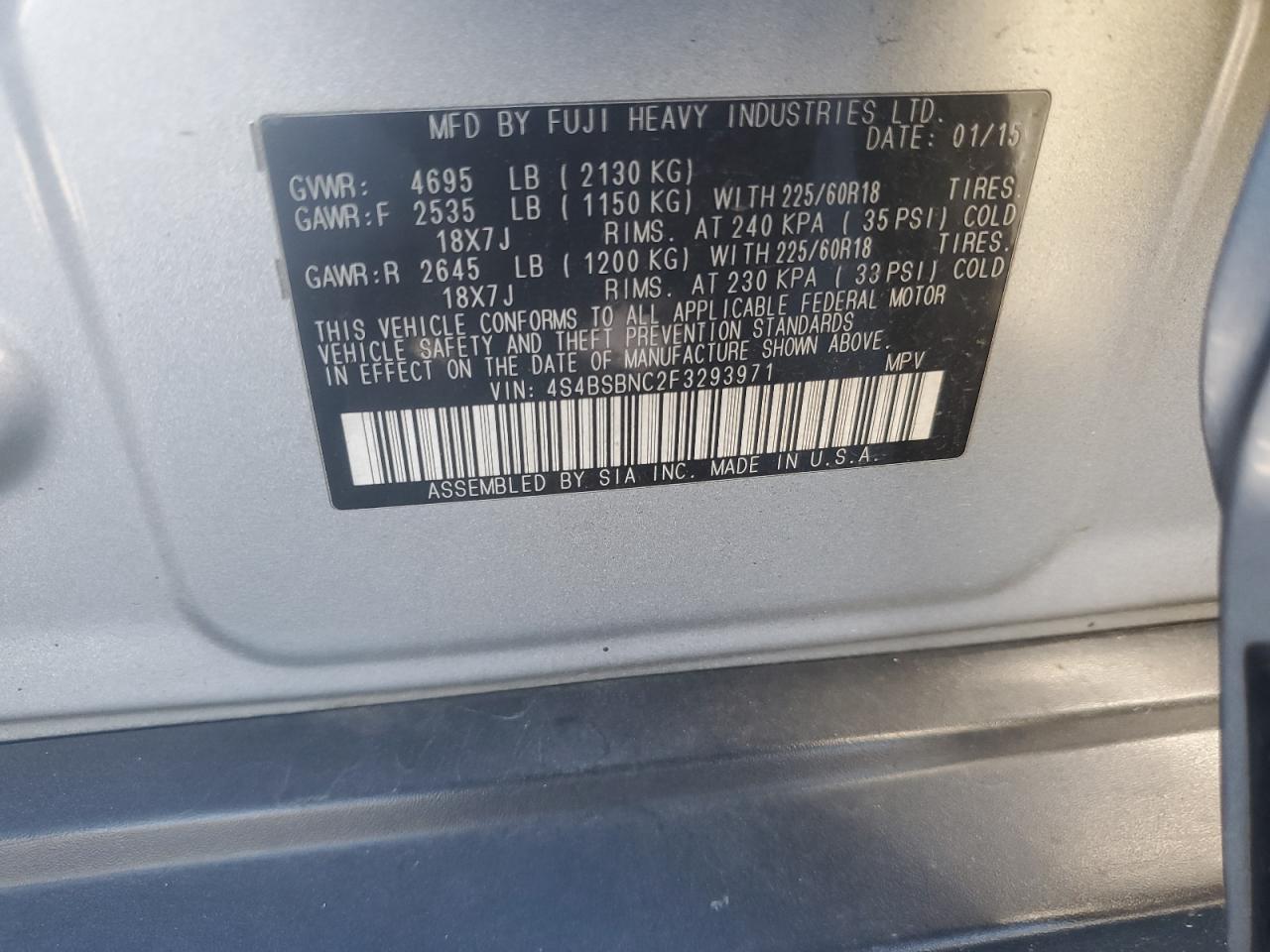 2015 Subaru Outback 2.5I Limited VIN: 4S4BSBNC2F3293971 Lot: 81623905