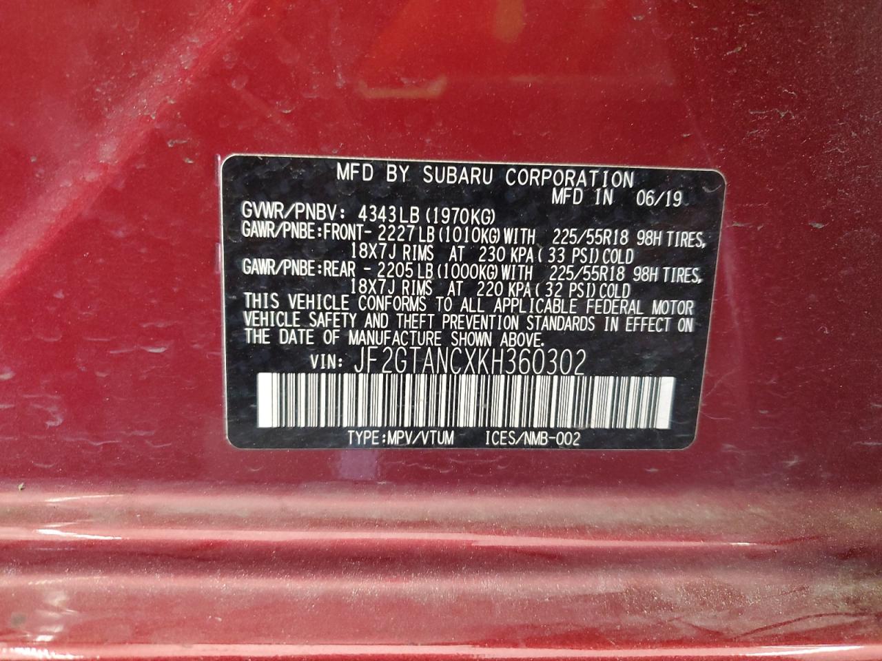 2019 Subaru Crosstrek Limited VIN: JF2GTANCXKH360302 Lot: 87068675