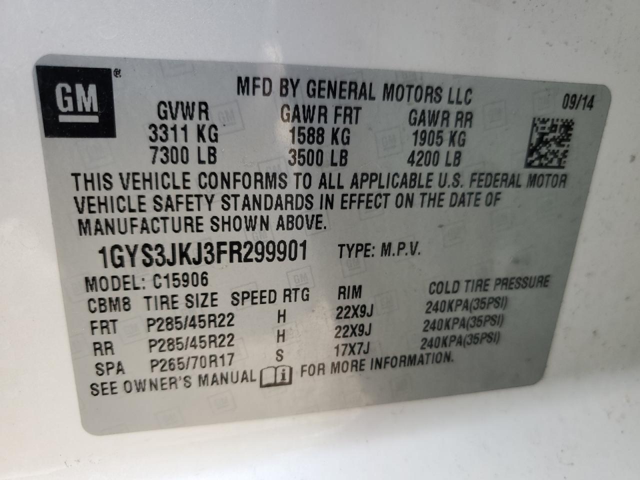 2015 Cadillac Escalade Esv Premium VIN: 1GYS3JKJ3FR299901 Lot: 87069245