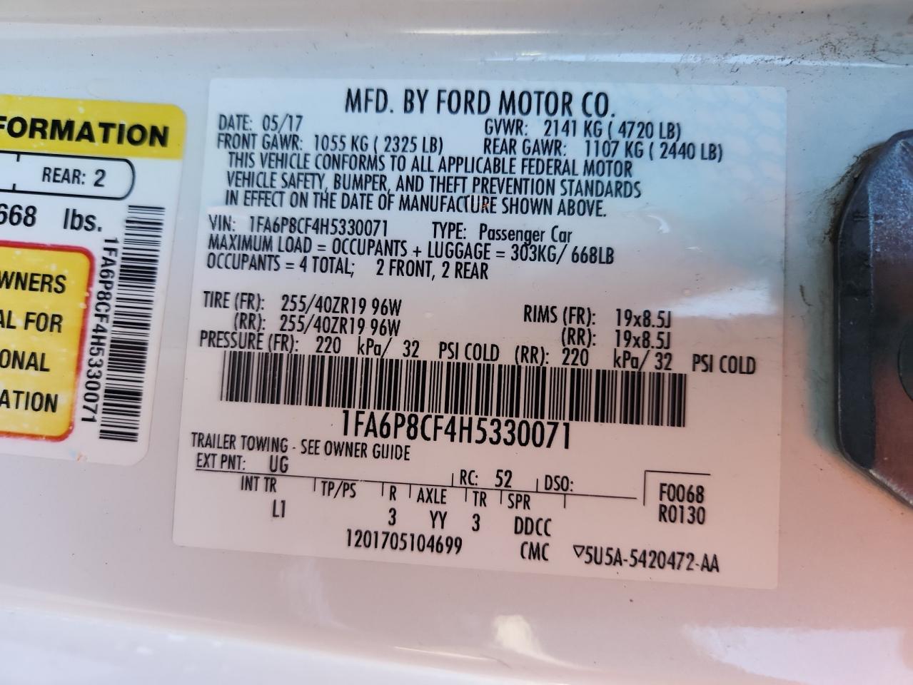 2017 Ford Mustang Gt VIN: 1FA6P8CF4H5330071 Lot: 84927495