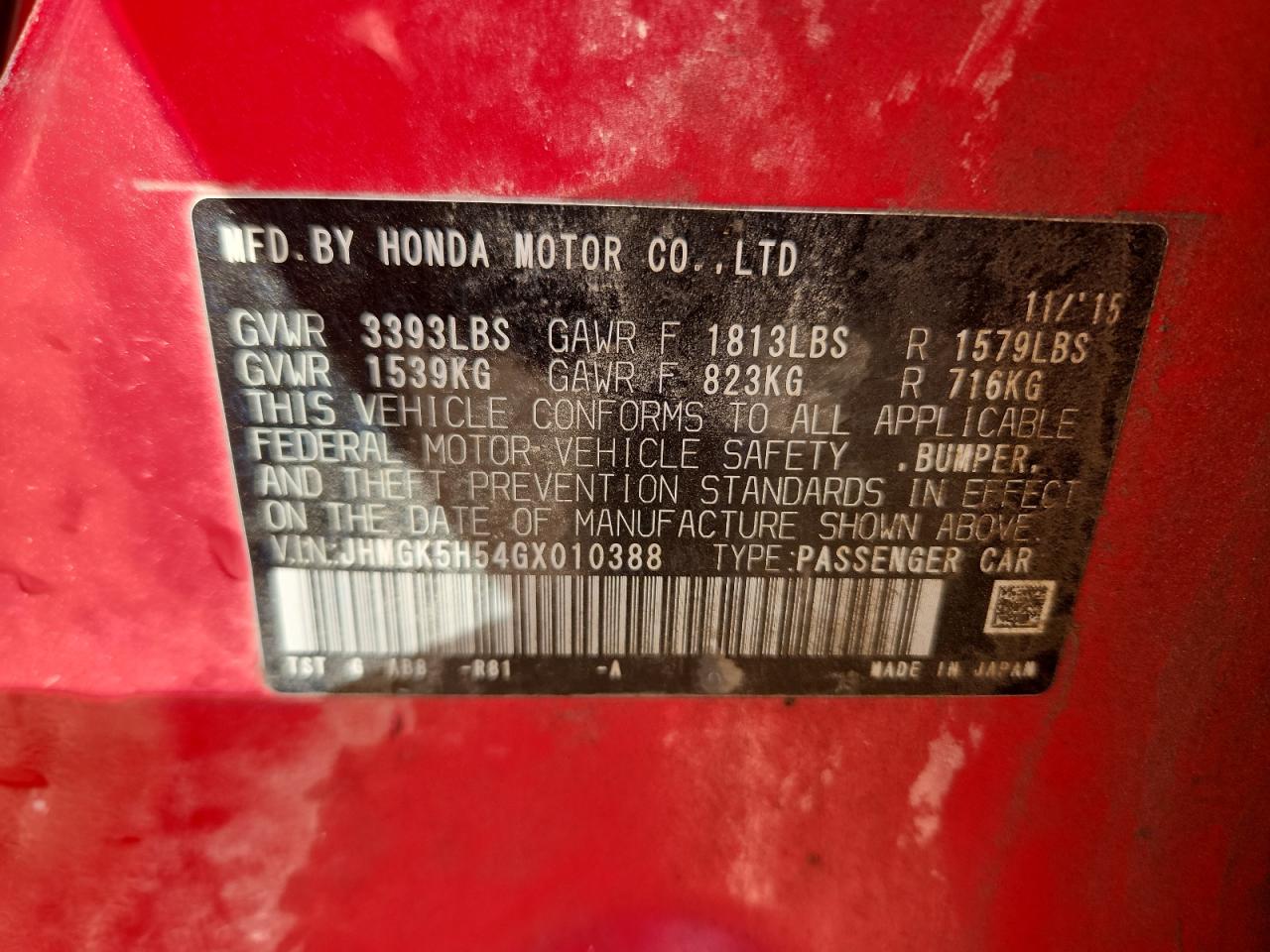 2016 Honda Fit Lx VIN: JHMGK5H54GX010388 Lot: 86811945