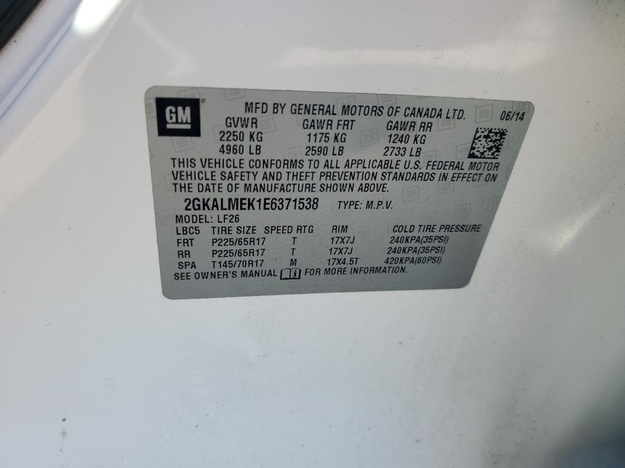 2014 GMC Terrain Sle VIN: 2GKALMEK1E6371538 Lot: 90853445