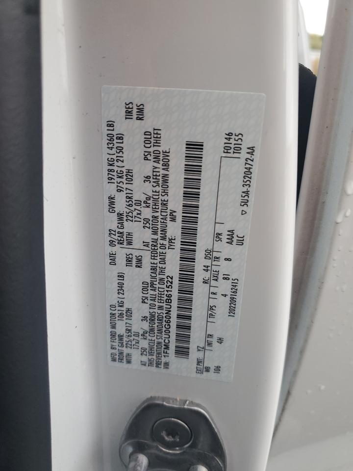 2022 Ford Escape Se VIN: 1FMCU0G60NUB61522 Lot: 82293795