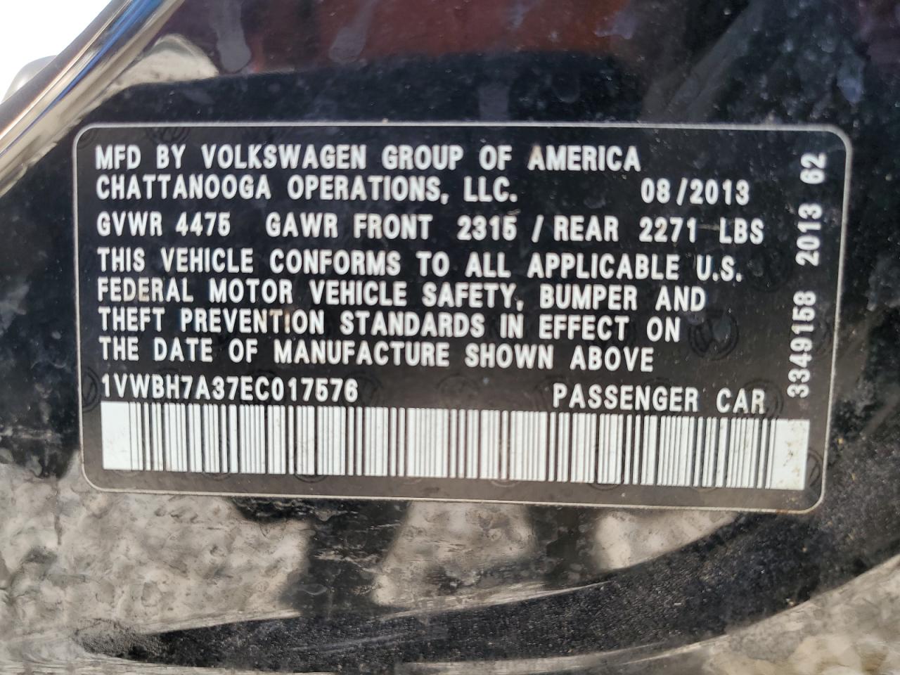 2014 Volkswagen Passat Se VIN: 1VWBH7A37EC017576 Lot: 87411935