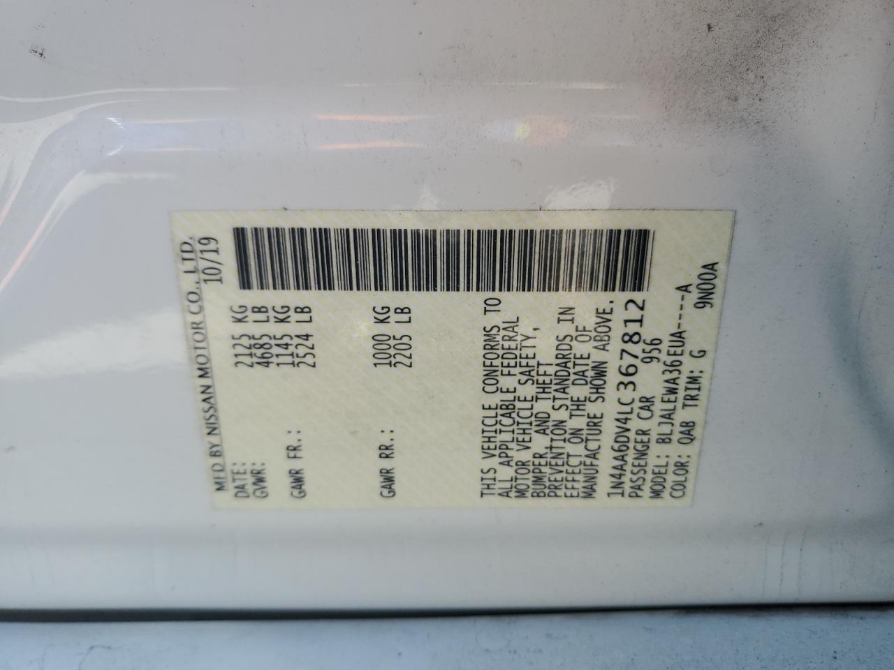 2020 Nissan Maxima Sl VIN: 1N4AA6DV4LC367812 Lot: 84975045