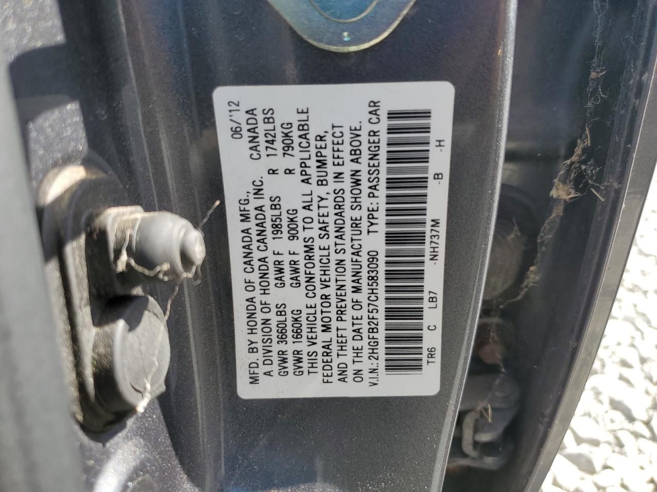 2012 Honda Civic Lx VIN: 2HGFB2F57CH583090 Lot: 82026385