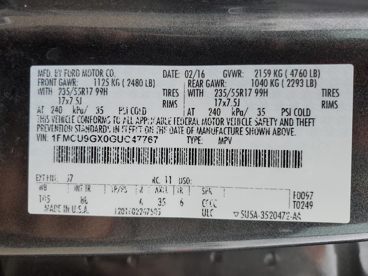 2016 Ford Escape Se VIN: 1FMCU9GX0GUC47767 Lot: 89923465