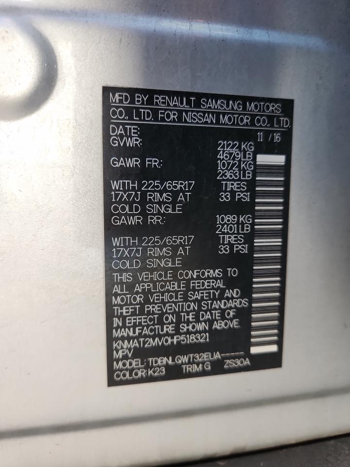 2017 Nissan Rogue S VIN: KNMAT2MV0HP518321 Lot: 85943635