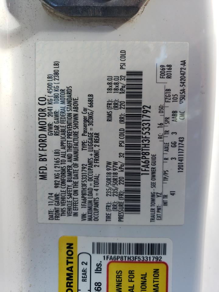 2015 Ford Mustang VIN: 1FA6P8TH3F5331792 Lot: 87221555