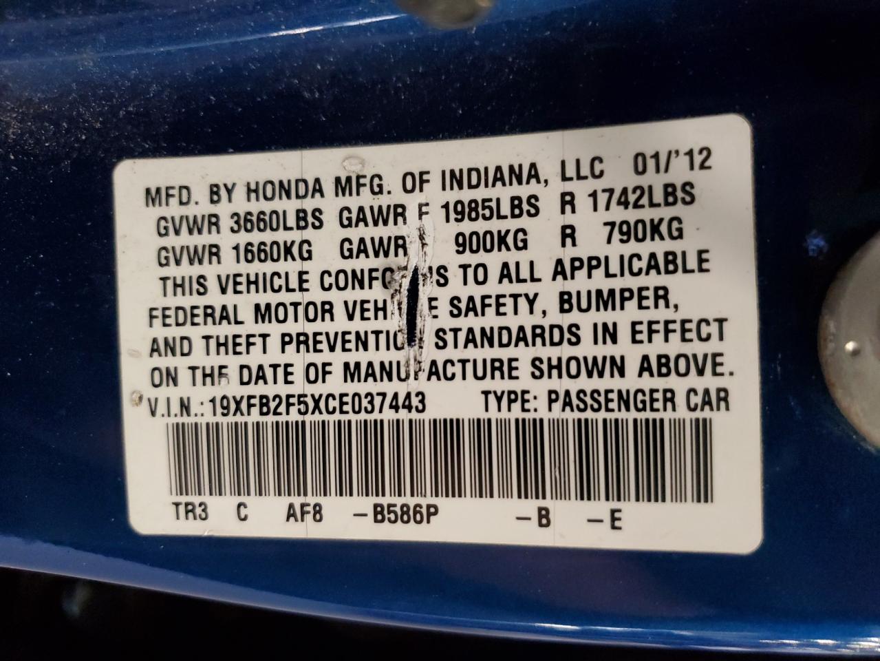 2012 Honda Civic Lx VIN: 19XFB2F5XCE037443 Lot: 86598185