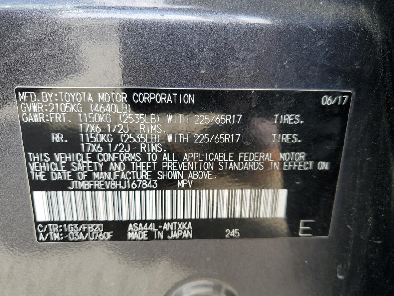 2017 Toyota Rav4 Le VIN: JTMBFREV8HJ167843 Lot: 82296015