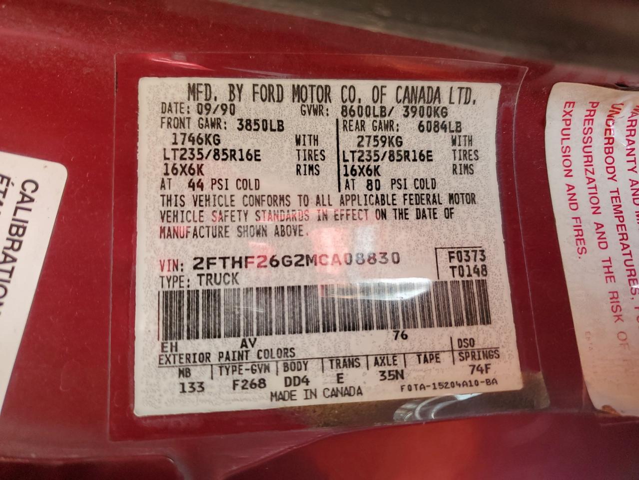 1991 Ford F250 VIN: 2FTHF26G2MCA08830 Lot: 87196215