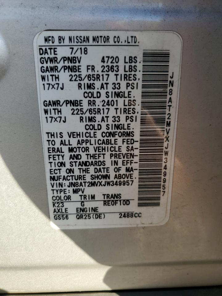 2018 Nissan Rogue S VIN: JN8AT2MVXJW349957 Lot: 85600265