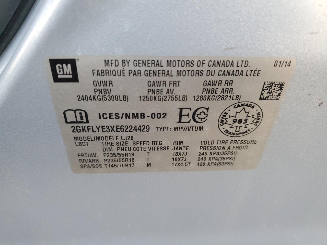 2014 GMC Terrain Slt VIN: 2GKFLYE3XE6224429 Lot: 85951755