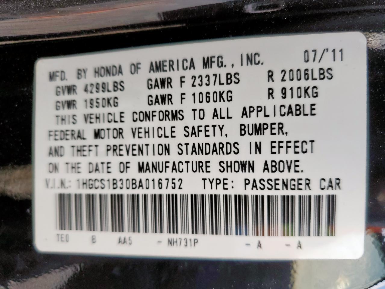 2011 Honda Accord Lx-S VIN: 1HGCS1B30BA016752 Lot: 85642595