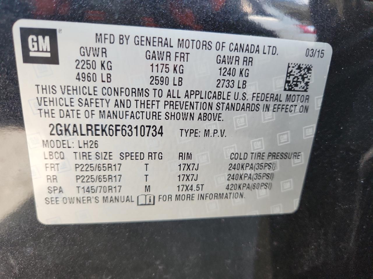 2015 GMC Terrain Sle VIN: 2GKALREK6F6310734 Lot: 87449095