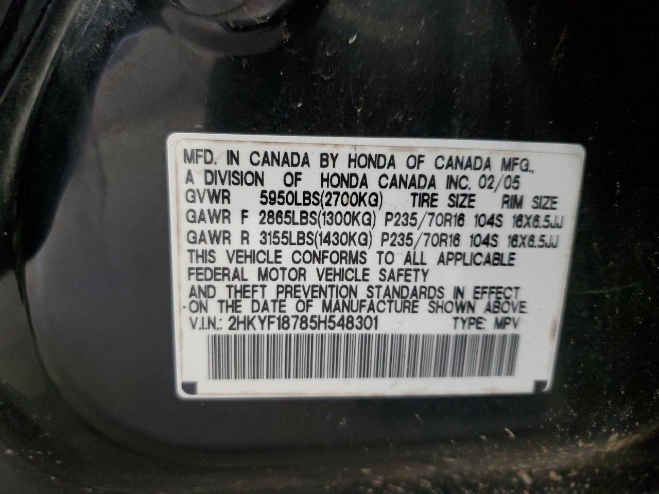 2005 Honda Pilot Exl VIN: 2HKYF18785H548301 Lot: 82387835