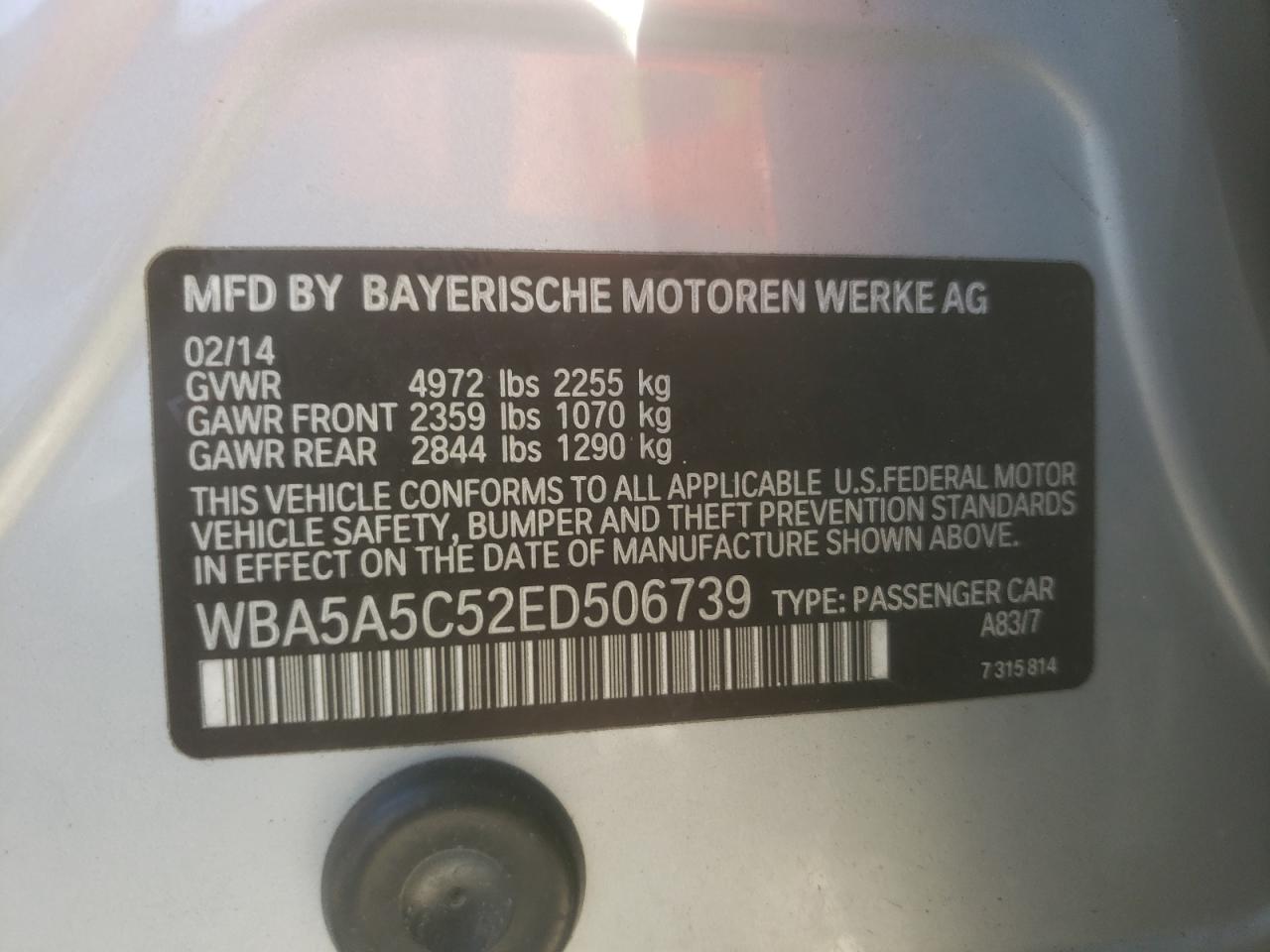 2014 BMW 528 I VIN: WBA5A5C52ED506739 Lot: 86218185