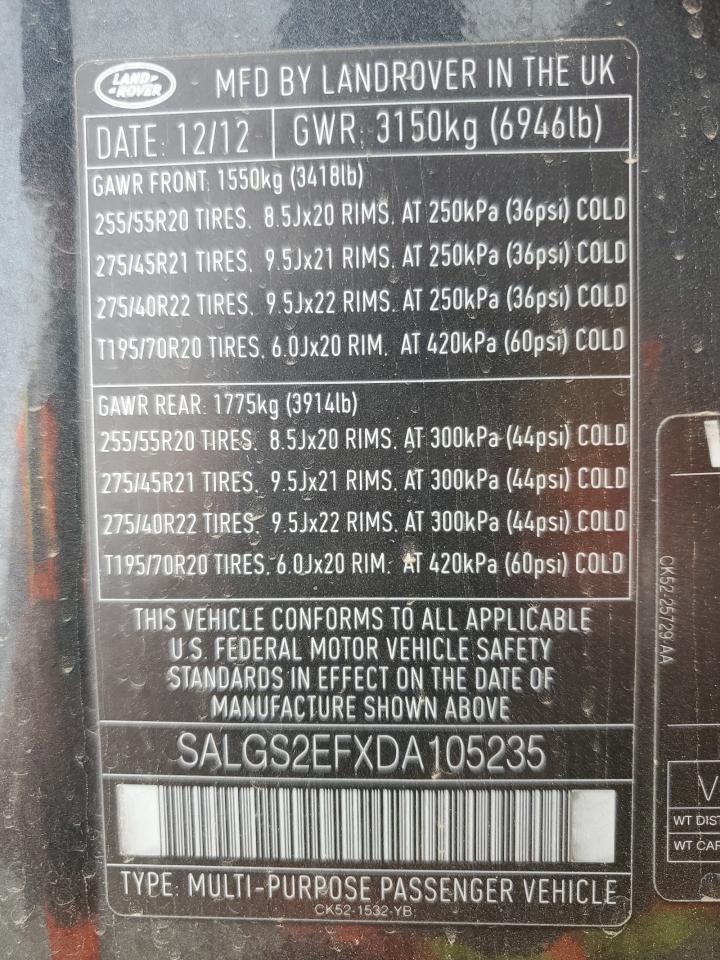 2013 Land Rover Range Rover Supercharged VIN: SALGS2EFXDA105235 Lot: 82426525