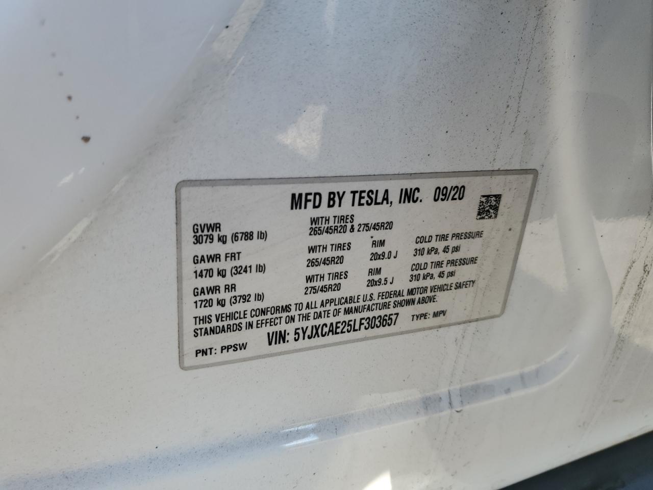 2020 Tesla Model X VIN: 5YJXCAE25LF303657 Lot: 85785805