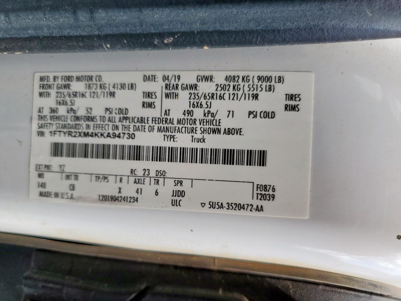 2019 Ford Transit T-250 VIN: 1FTYR2XM4KKA94730 Lot: 81519905