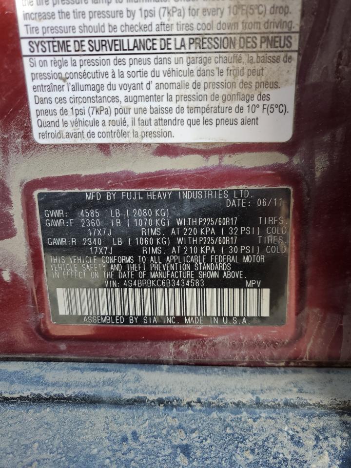 2011 Subaru Outback 2.5I Limited VIN: 4S4BRBKC6B3434583 Lot: 84003265