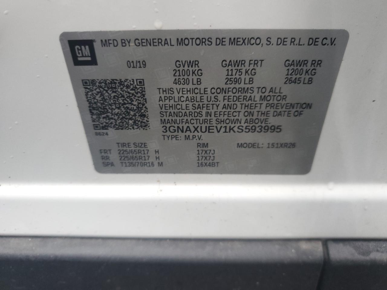 2019 Chevrolet Equinox Lt VIN: 3GNAXUEV1KS593995 Lot: 84967235