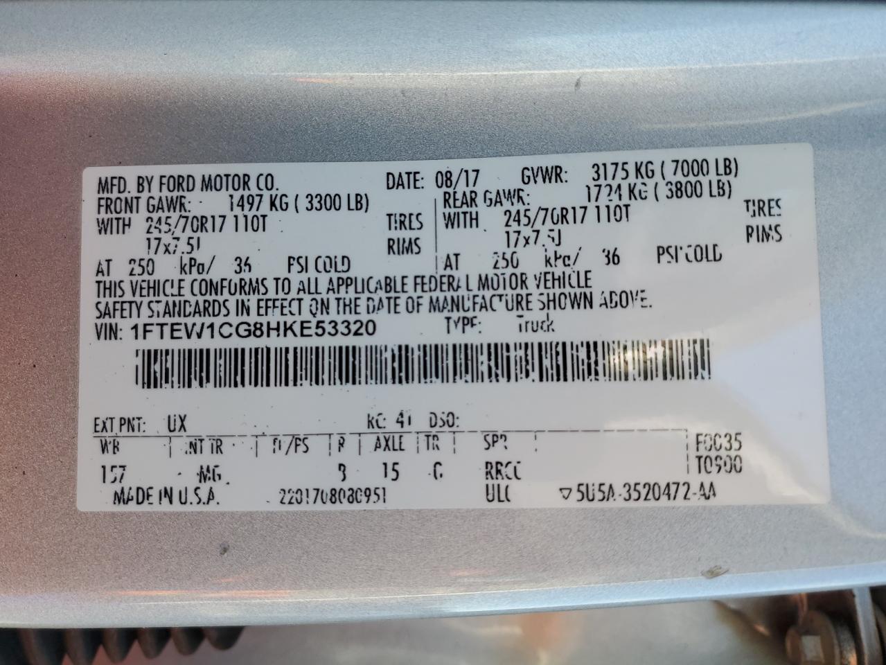 2017 Ford F150 Supercrew VIN: 1FTEW1CG8HKE53320 Lot: 84210095
