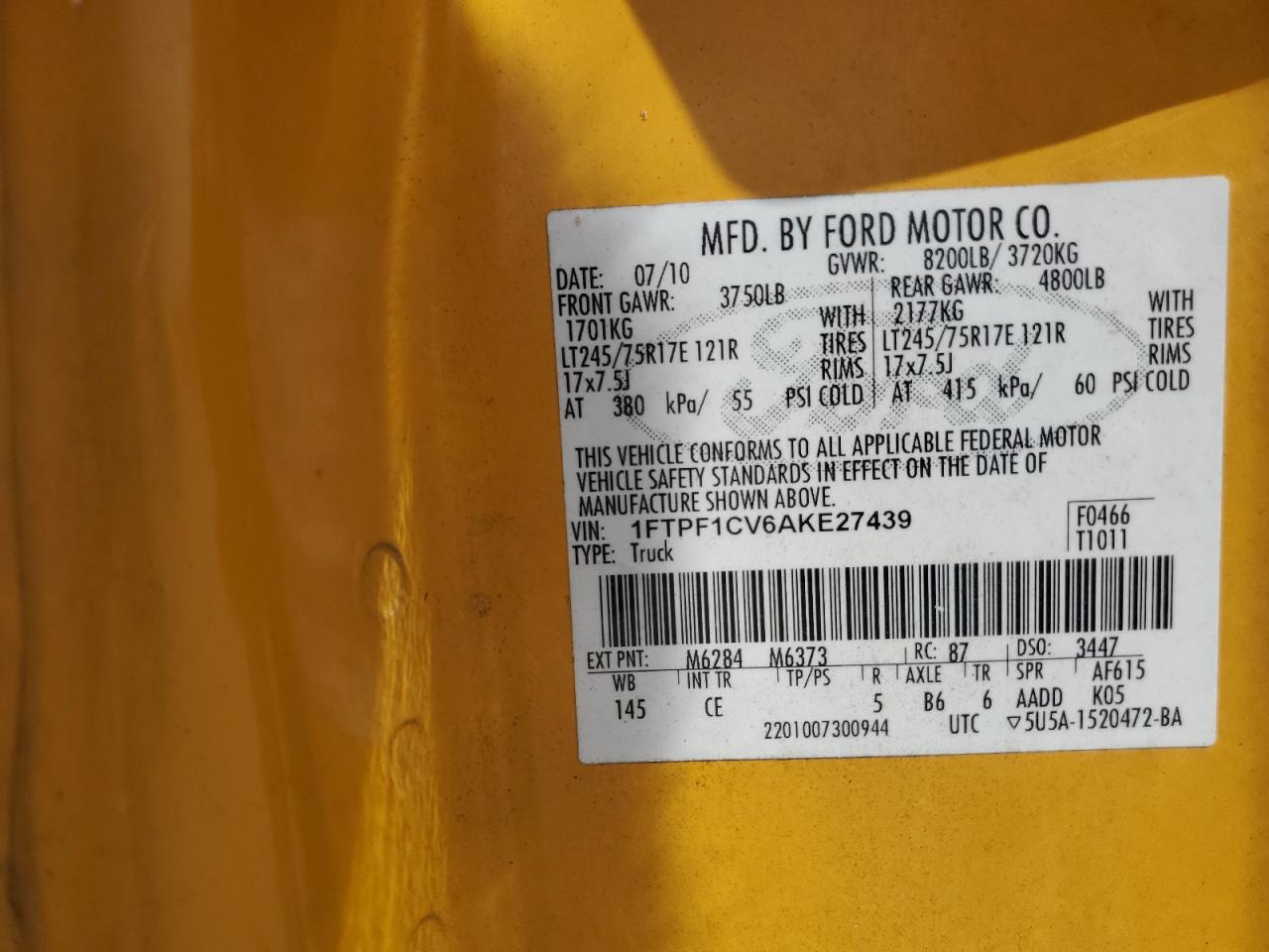 2010 Ford F150 VIN: 1FTPF1CV6AKE27439 Lot: 82313435