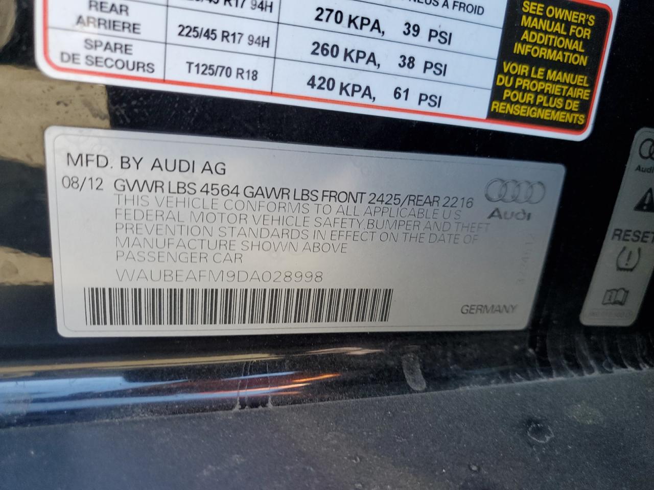 2013 Audi A3 Premium VIN: WAUBEAFM9DA028998 Lot: 85157915