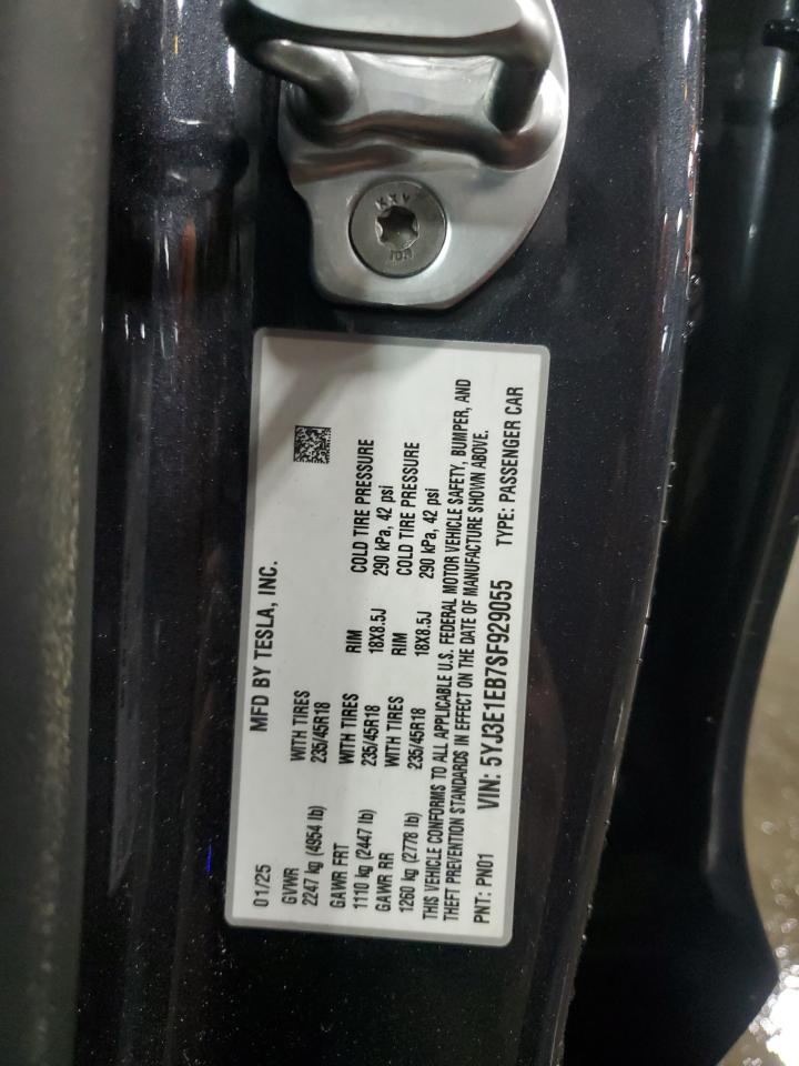 2025 Tesla Model 3 VIN: 5YJ3E1EB7SF929055 Lot: 86438325