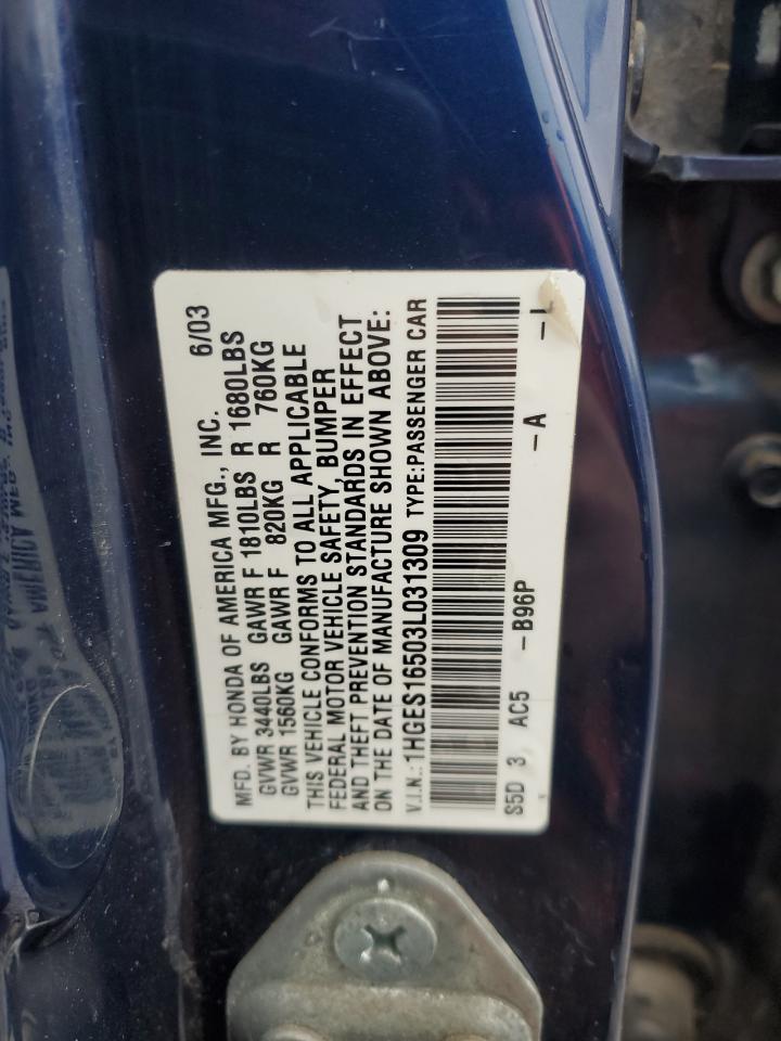 2003 Honda Civic Lx VIN: 1HGES16503L031309 Lot: 85666615