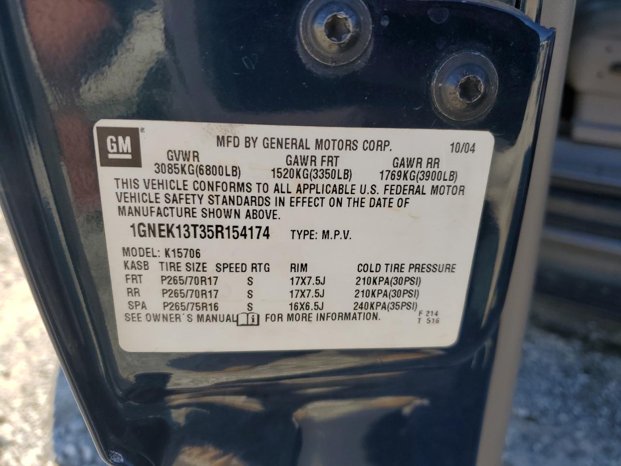 2005 Chevrolet Tahoe K1500 VIN: 1GNEK13T35R154174 Lot: 90570415