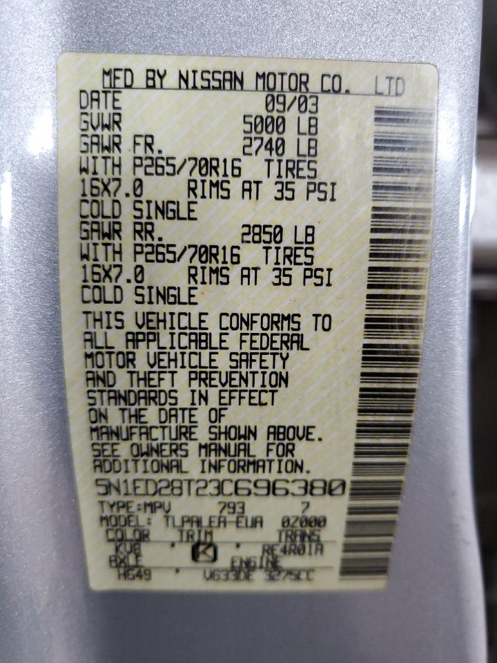 2003 Nissan Xterra Xe VIN: 5N1ED28T23C696380 Lot: 85533265