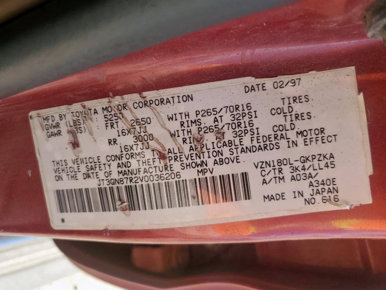 1997 Toyota 4Runner Limited VIN: JT3GN87R2V0036206 Lot: 85560085